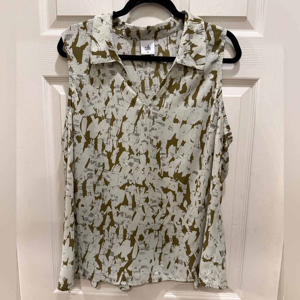 CAbi Flurry Olive and Cream Abstract Blouse